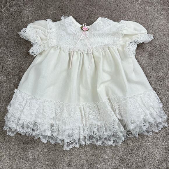 Jo Lene Other - Vtg Jo Lene White Baby Dress Size 2T Lace Pink Rose Ruffle Christening Heirloom